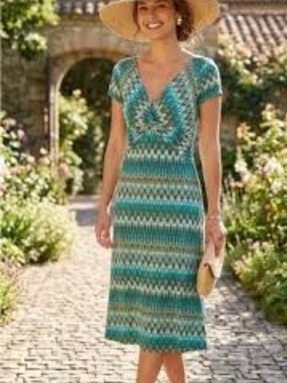 Short-Sleeve Teal Patterned V-Neck Knit Dress